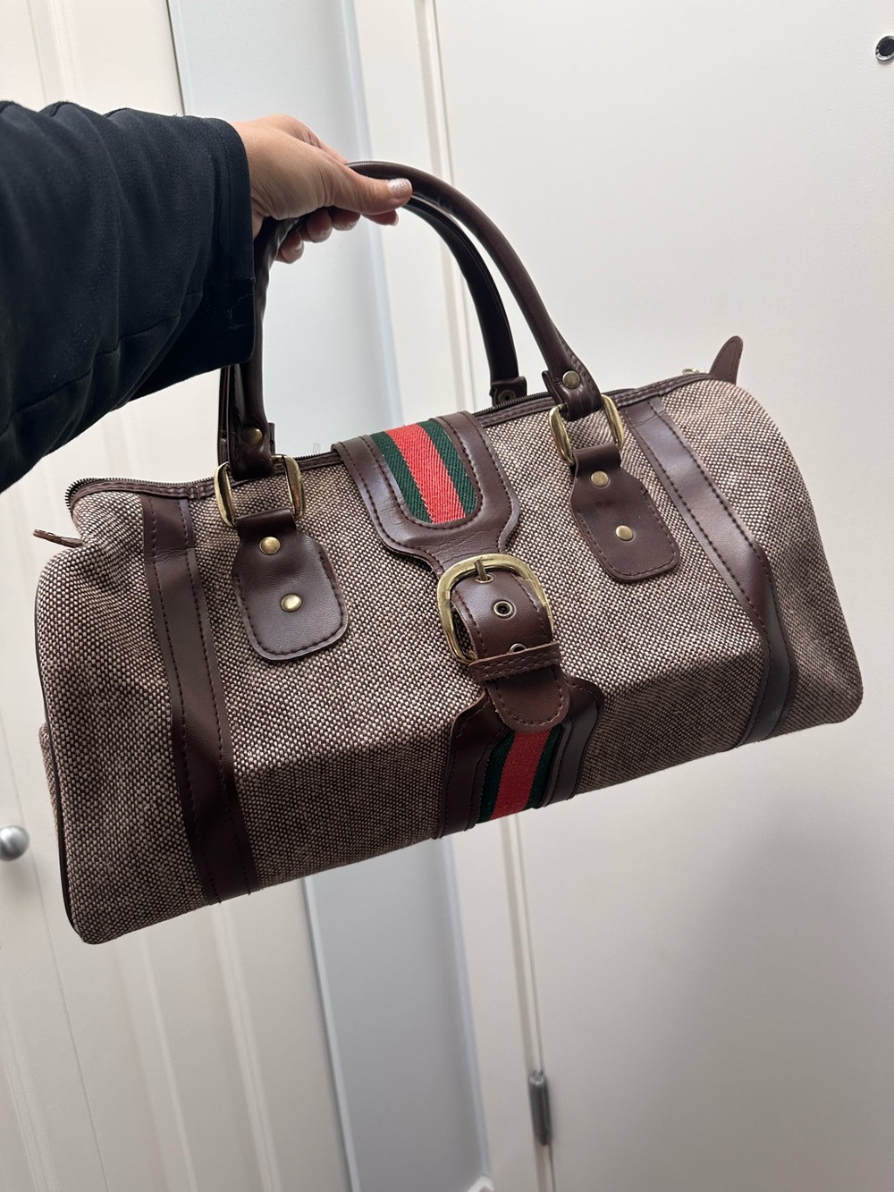 Brown Canvas and Leather Travel Duffle Bag with Green-Red Stripe